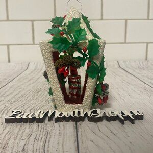*Vintage Small Xmas Lantern Ornament in White with Holly and Candles